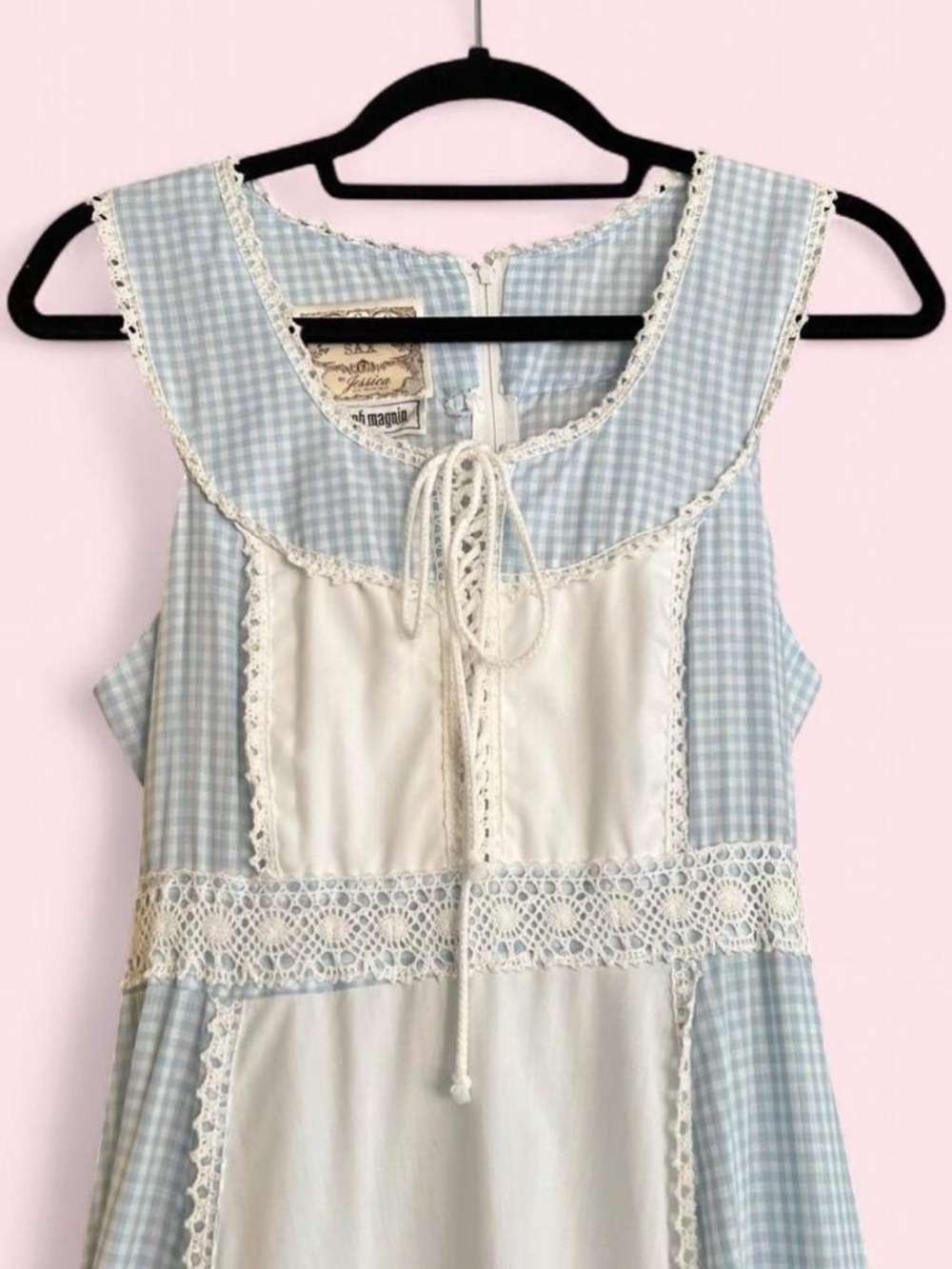 Rare 70s Gunne Sax Dress Sleeveless Light Blue Gingham Lace Corset Prairie